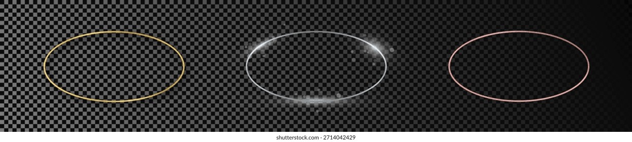 Set of three gold, silver and rose gold glowing oval shape frames isolated on dark transparent background. Shiny frame with glowing effects. Vector illustration