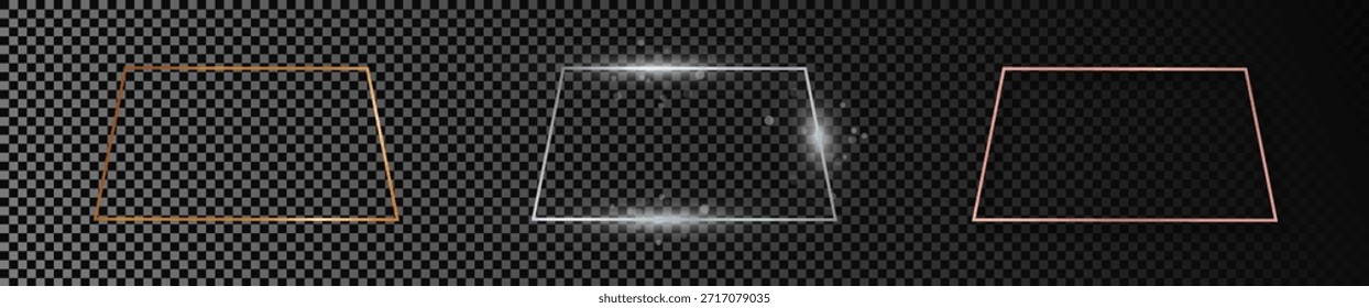 Conjunto de tres marcos de forma trapezoidal brillante de oro, plata y oro rosa aislados sobre fondo transparente oscuro. Marco brillante con efectos brillantes. Ilustración vectorial