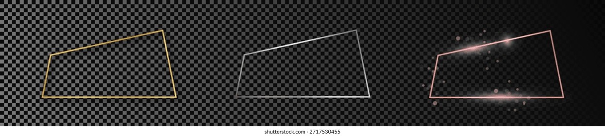 Conjunto de três molduras trapezoides douradas, prateadas e douradas brilhantes isoladas sobre fundo transparente escuro. Quadro brilhante com efeitos brilhantes. Ilustração vetorial