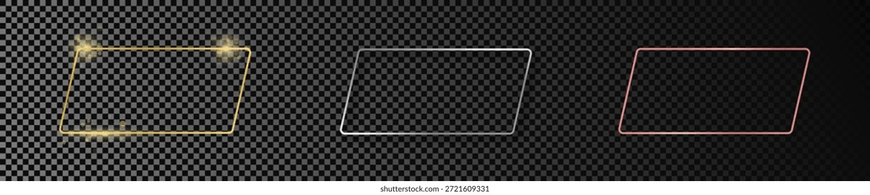 Set von drei goldenen, silbernen und roségoldenen glühenden runden Parallelogrammrahmen einzeln auf dunklem, transparentem Hintergrund. Glänzender Rahmen mit glühenden Effekten. Vektorgrafik