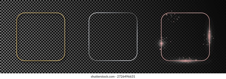 Conjunto de tres marcos cuadrados redondeados brillantes de oro, plata y oro rosa aislados sobre fondo transparente oscuro. Marco brillante con efectos brillantes. Ilustración vectorial