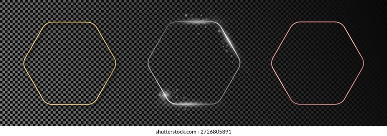 Conjunto de tres marcos hexagonales redondeados brillantes de oro, plata y oro rosa aislados sobre fondo transparente oscuro. Marco brillante con efectos brillantes. Ilustración vectorial