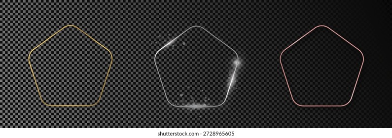 Set aus drei goldenen, silbernen und roségoldglühenden, abgerundeten Fünfeckrahmen einzeln auf dunklem, transparentem Hintergrund. Glänzender Rahmen mit glühenden Effekten. Vektorgrafik