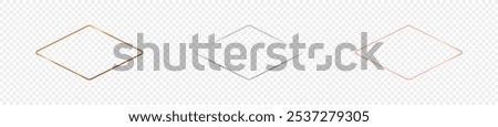 Set of three gold, silver and rose gold glowing rounded rhombus shape frames isolated on transparent background. Shiny frame with glowing effects. Vector illustration