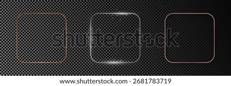 Set of three gold, silver and rose gold glowing rounded square frames isolated on dark transparent background. Shiny frame with glowing effects. Vector illustration