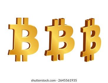 Conjunto de três símbolos Bitcoin dourados em 3D, mostrando riqueza e potencial de investimento em criptomoeda