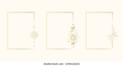 Set of three golden celestial frames with sun, moon and planets. Vintage background for tarot card, astrology, natal chart and horoscope, greeting card  in boho design. 