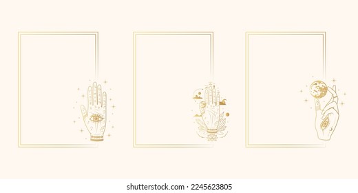 Set of three golden celestial rectangular frames with palmistry hands. Mystical borders for witchcraft greeting cards and invitations. Hand drawn vector illustration in boho style.