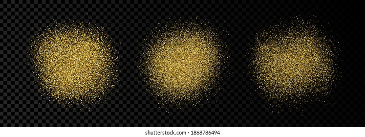 Set of three golden glittering backdrops on a dark transparent background. Background with gold glitter effect and empty space for your text.  Vector illustration