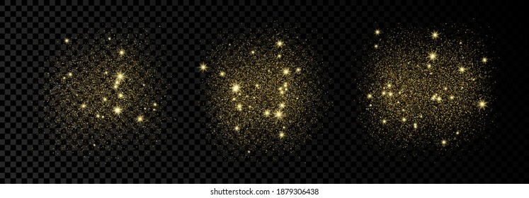 Set of three golden glittering backdrops on a dark transparent background. Background with gold glitter effect and empty space for your text.  Vector illustration