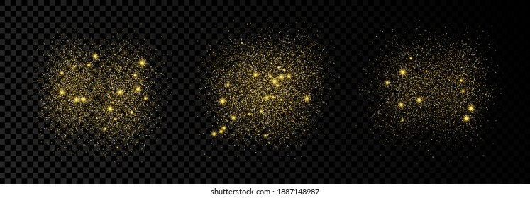 Set of three golden glittering backdrops on a dark transparent background. Background with gold glitter effect and empty space for your text.  Vector illustration