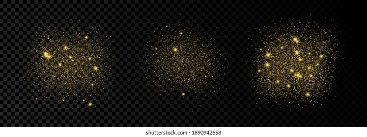 Set of three golden glittering backdrops on a dark transparent background. Background with gold glitter effect and empty space for your text.  Vector illustration