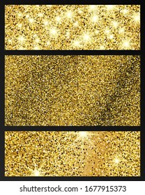Set von drei goldglänzenden Hintergründen mit goldenen Funkeln und glänzender Wirkung. Leerer Platz für Ihren Text. Vektorillustration