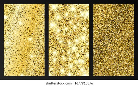 Set of three golden glittering backgrounds with gold sparkles and glitter effect. Stories banner design. Empty space for your text.  Vector illustration