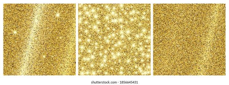 Set of three golden glittering backgrounds with gold sparkles and glitter effect. Empty space for your text.  Vector illustration