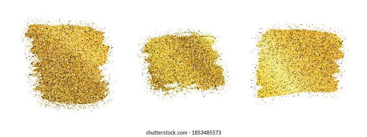 Set of three golden glittering smears on a white background. Background with gold sparkles and glitter effect. Empty space for your text.  Vector illustration