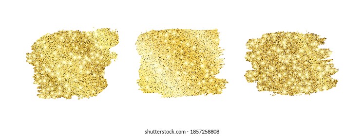 Set of three golden glittering smears on a white background. Background with gold sparkles and glitter effect. Empty space for your text.  Vector illustration
