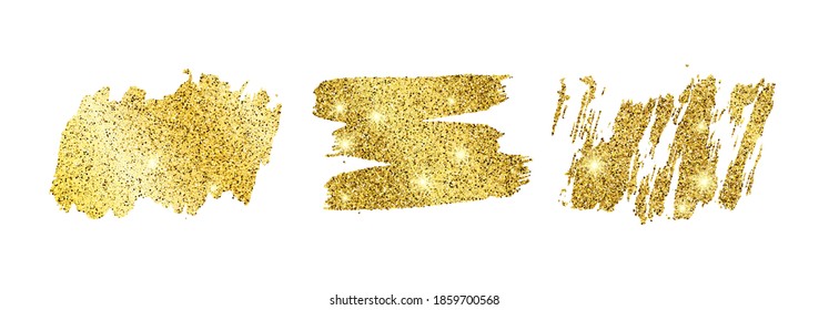 Set of three golden glittering smears on a white background. Background with gold sparkles and glitter effect. Empty space for your text.  Vector illustration