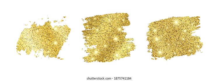 Set of three golden glittering smears on a white background. Background with gold sparkles and glitter effect. Empty space for your text.  Vector illustration
