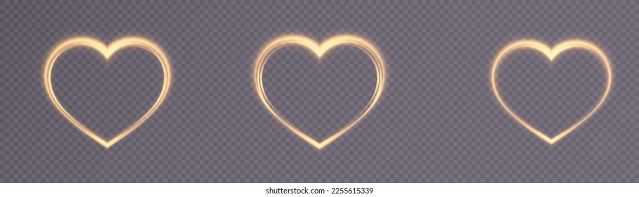 Set of three golden glowing heart shapes isolated on a dark transparent background. Shiny frame with glowing effects. vector illustration.
