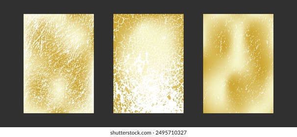 Set of three golden grunge textured backgrounds with distressed effects