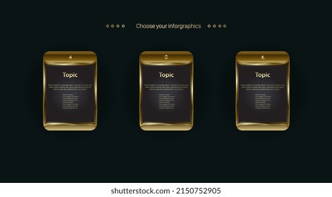 a set of three Golden iron web set button on black background design, new style of shapes icon vector, used in finance presentation elements templates