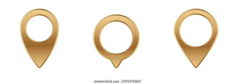 Set of three golden map marker icons symbolize navigation, useful for digital maps and interfaces.