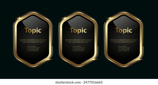 Set of three Golden multipurpose buttons with luxury stoked in Vector template, three shiny gold options and Premium button on a dark background
