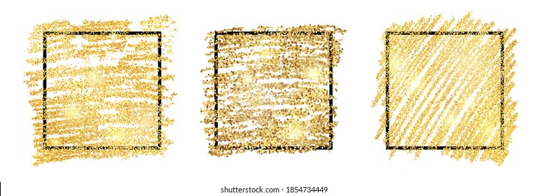 Set of three golden paint glittering backdrops with black square frames on a white background. Background with gold sparkles and glitter effect. Empty space for your text.  Vector illustration