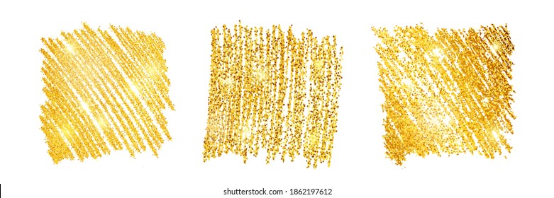 Set of three golden paint glittering square backdrops on a white background. Background with gold sparkles and glitter effect. Empty space for your text.  Vector illustration