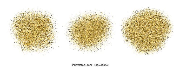 Set of three golden paint glittering backdrops on a white background. Background with gold sparkles and glitter effect. Empty space for your text.  Vector illustration