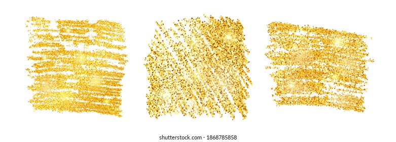 Set of three golden paint glittering square backdrops on a white background. Background with gold sparkles and glitter effect. Empty space for your text.  Vector illustration