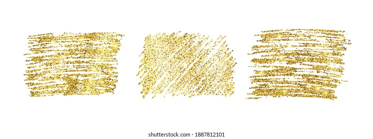 Set of three golden paint glittering backdrops on a white background. Background with gold sparkles and glitter effect. Empty space for your text.  Vector illustration