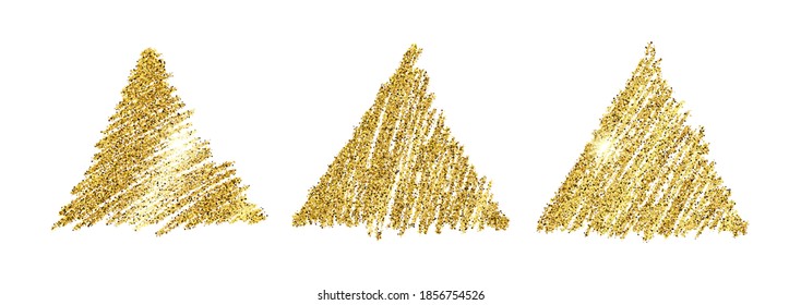 Set of three golden paint hand drawn glittering triangles on a white background. Background with gold sparkles and glitter effect. Empty space for your text.  Vector illustration