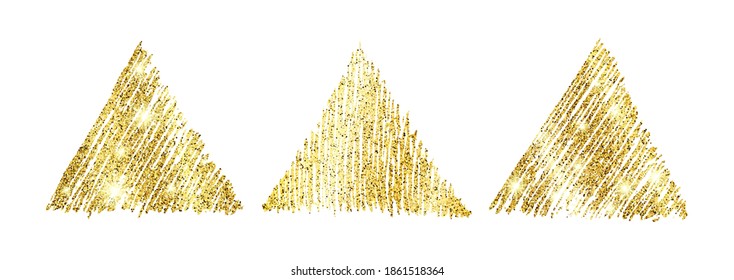 Set of three golden paint hand drawn glittering triangles on a white background. Background with gold sparkles and glitter effect. Empty space for your text.  Vector illustration