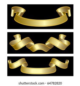set of three golden ribbon on black background