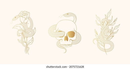 A set of three golden spiritual illustrations with snakes, skull, rose and twig. Floral mystical witchy collection for t-shirt designs, covers, fabric and cards.