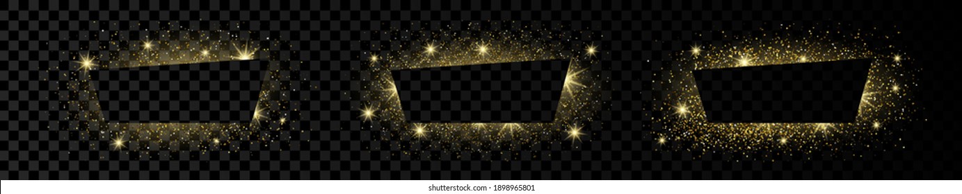 Set of three golden trapezium frames with glitter, sparkles and flares on dark transparent  background. Empty luxury backdrop. Vector illustration.