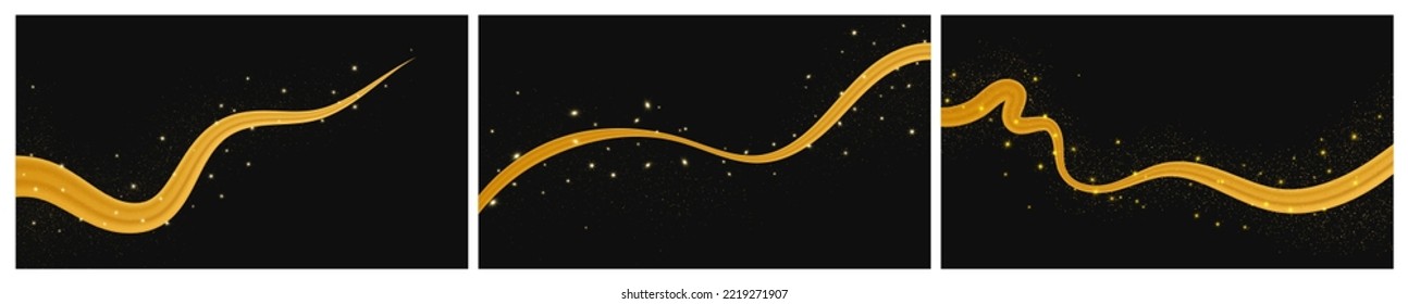 Conjunto de tres olas doradas con efecto brillante y brillante sobre el fondo oscuro. Líneas de ondas doradas de lujo con brillantes chispas