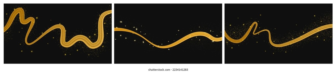 Set of three golden waves with shiny and glitter effect on dark background. Luxury gold wave lines with glitter sparkles