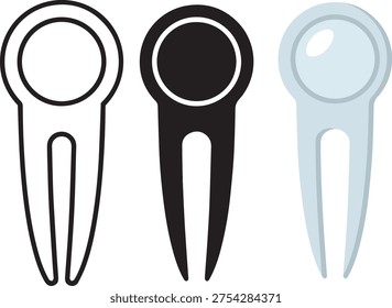 Set of three golf divot repair tool icons for sports equipment and golf course maintenance design