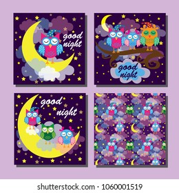 Set of three good night cards with owls and one seamless pattern. Vector illustration