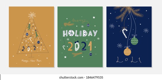 Set of three graceful Christmas cards with lettering. Christmas and New Year postcards. Hand Drawn style. Flat doodle holiday postcards template