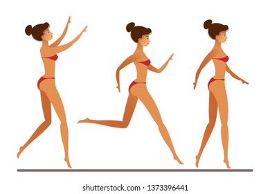 Set three graceful poses slim young woman in a bikini swimsuit. Tanned girl goes, runs and jumps. Flat style, vector illustration