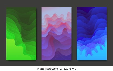 A set of three gradient backgrounds in the style of paper cut. For social media, advertising, stories, etc.