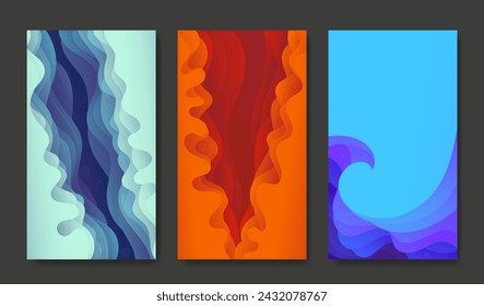 A set of three gradient backgrounds in the style of paper cut. For social media, advertising, stories, etc.