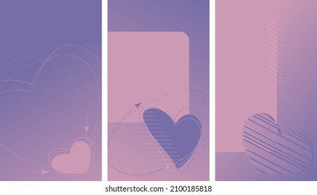 Set of three gradient backgrounds for Valentine's Day. Fashionable cover design for social media posts and stories.
