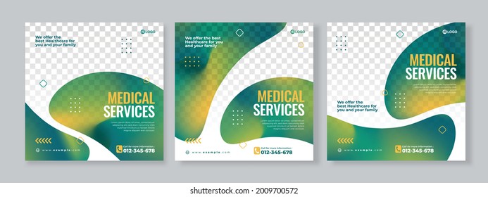 Set of three gradient fluid background of medical service banner social media pack template premium vector
