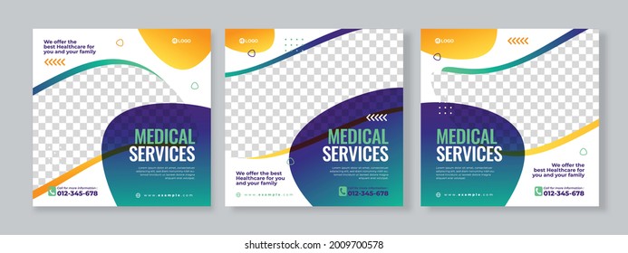 Set of three gradient fluid background of medical service banner social media pack template premium vector