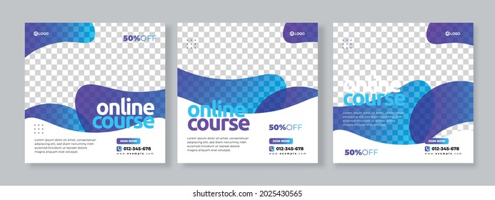 Set of three gradient fluid background of online course promotion banner social media pack template premium vector